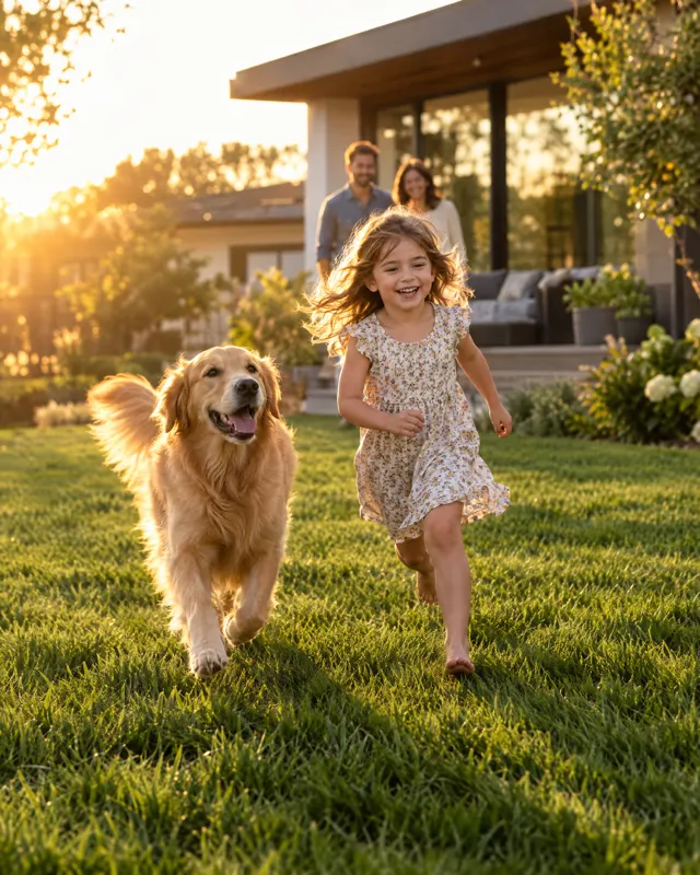 A child and a golden retriever running across a thick new lawn at sunset