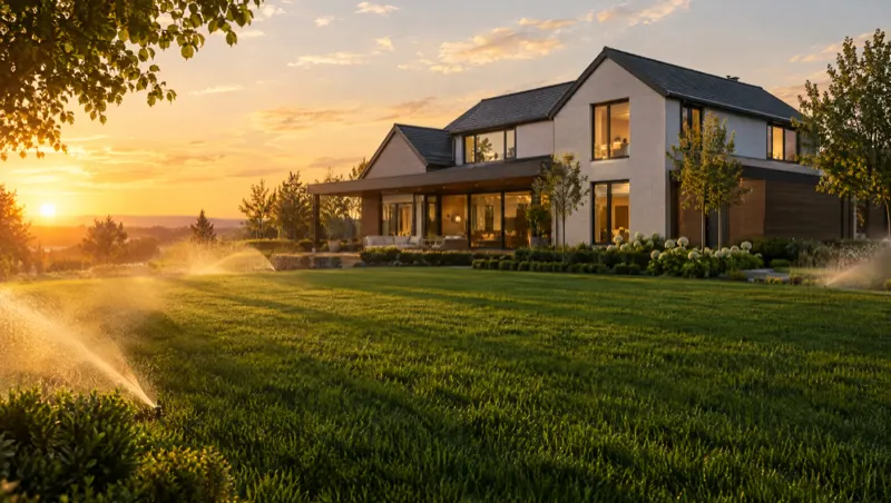 A thick green lawn in front of a modern home at sunset, sprinklers misting