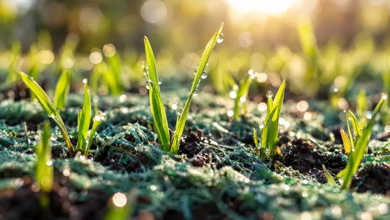 Fresh grass sprouts rising through green mulch with morning dew